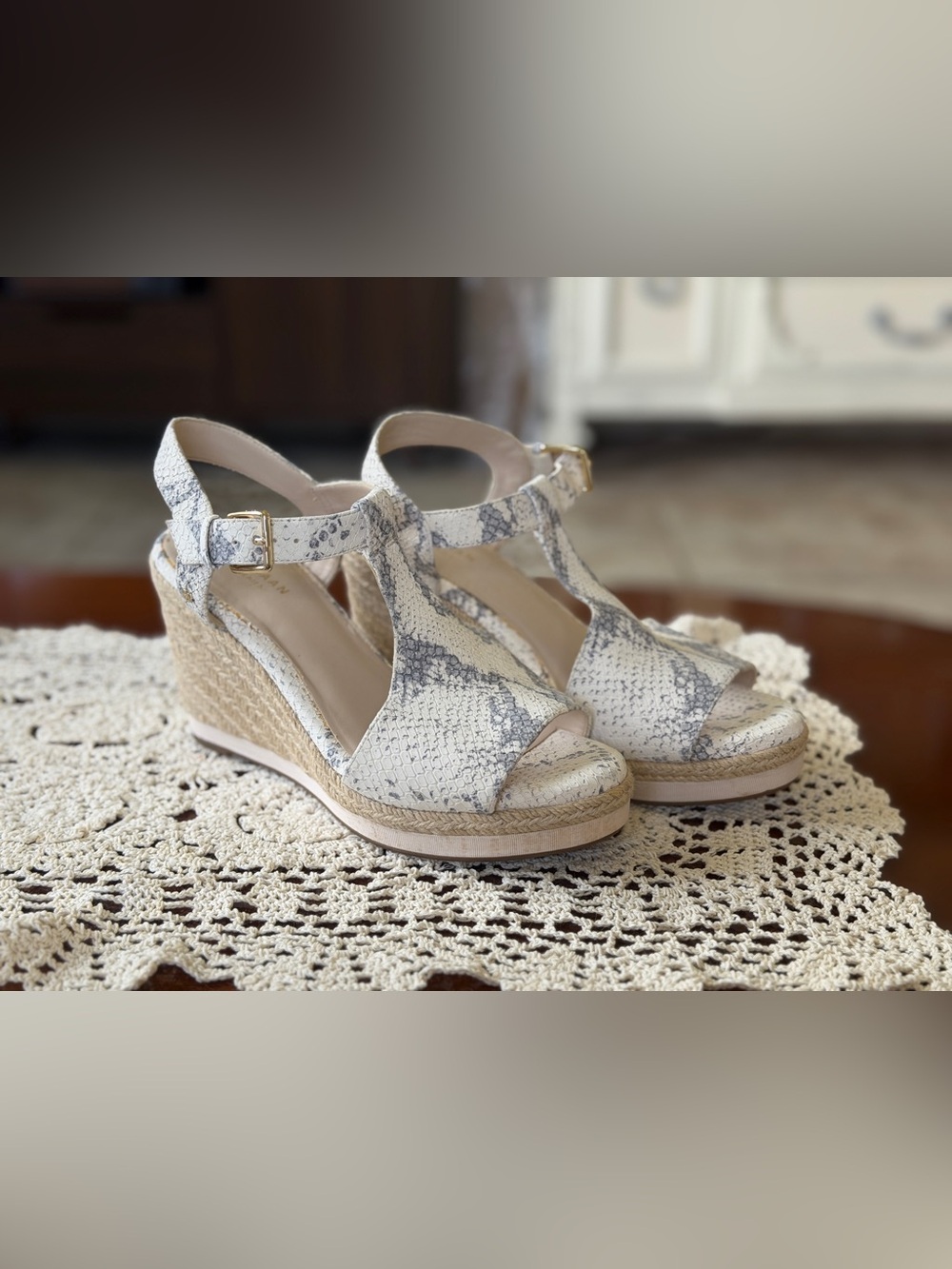 Cole Haan White and Gray Snake-Print Espadrille Wedge Sandals